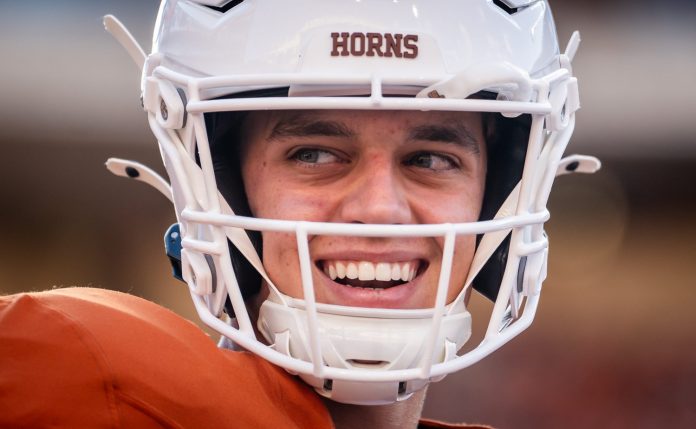 Texas Longhorns quarterback Arch Manning (16) warms up ahead of the Texas Longhorns' game against the ULM Warhawks at Darrell K Royal Texas Memorial Stadium in Austin, Sept. 21, 2024.