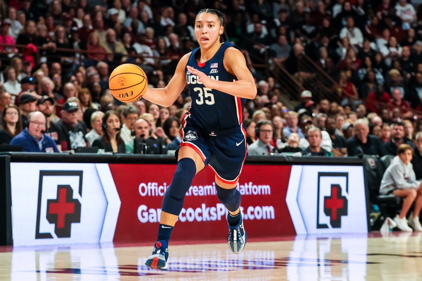 UConn Huskies guard Azzi Fudd (35) drives against the South Carolina Gamecocks in the second half at Colonial Life Arena.