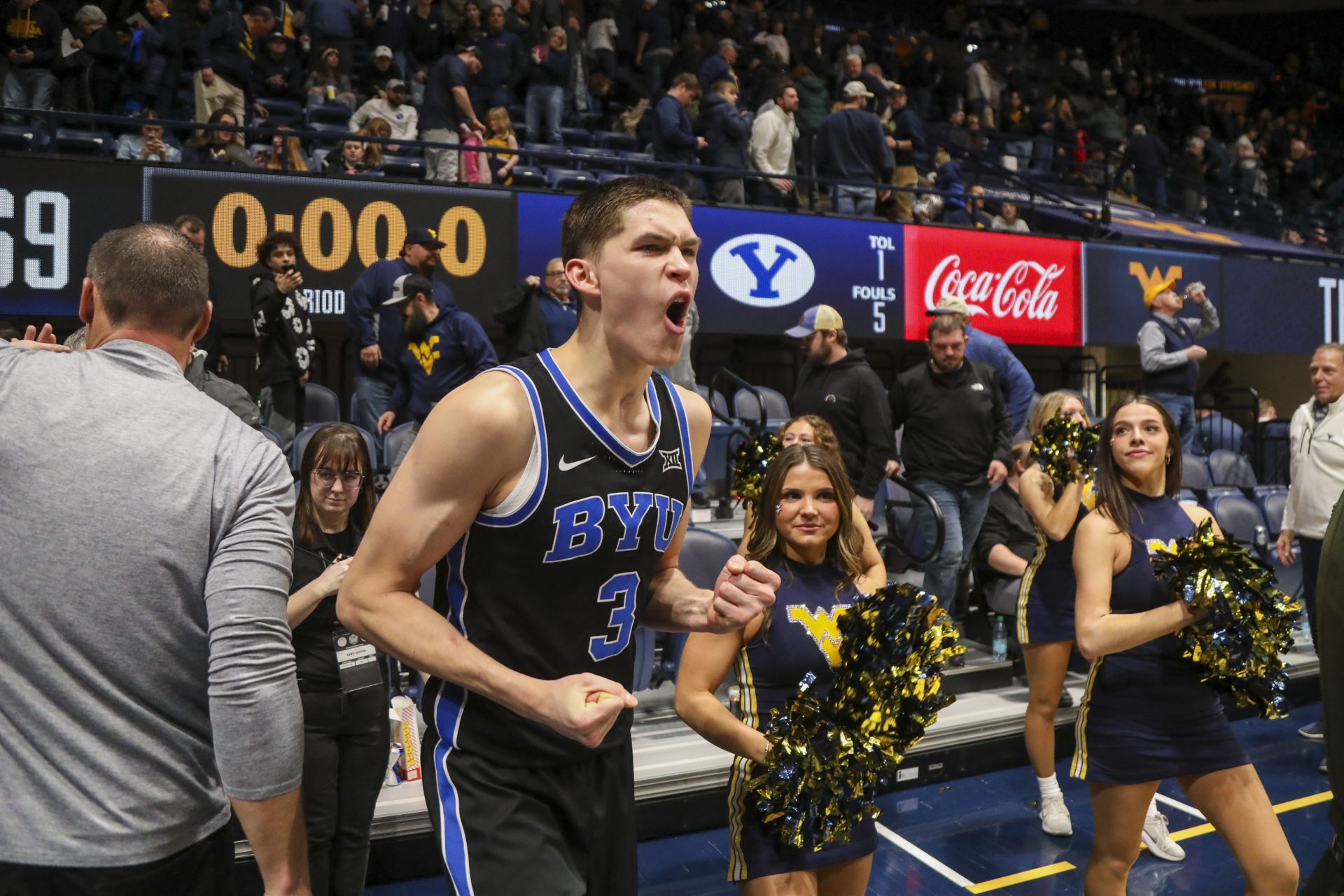 Brigham Young Cougars guard Egor Demin (3) celebrates after defeating the West Virginia Mountaineers at WVU Coliseum.