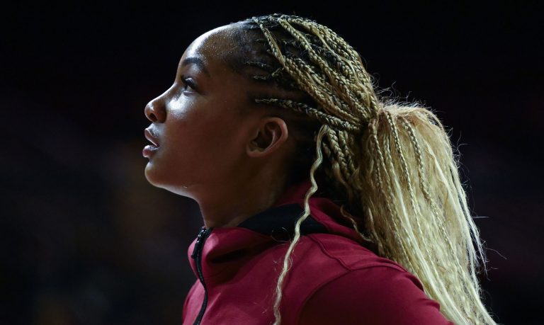 USC Trojans forward Kiki Iriafen (44) warms up before a game against the Ohio State Buckeyes at Galen Center.