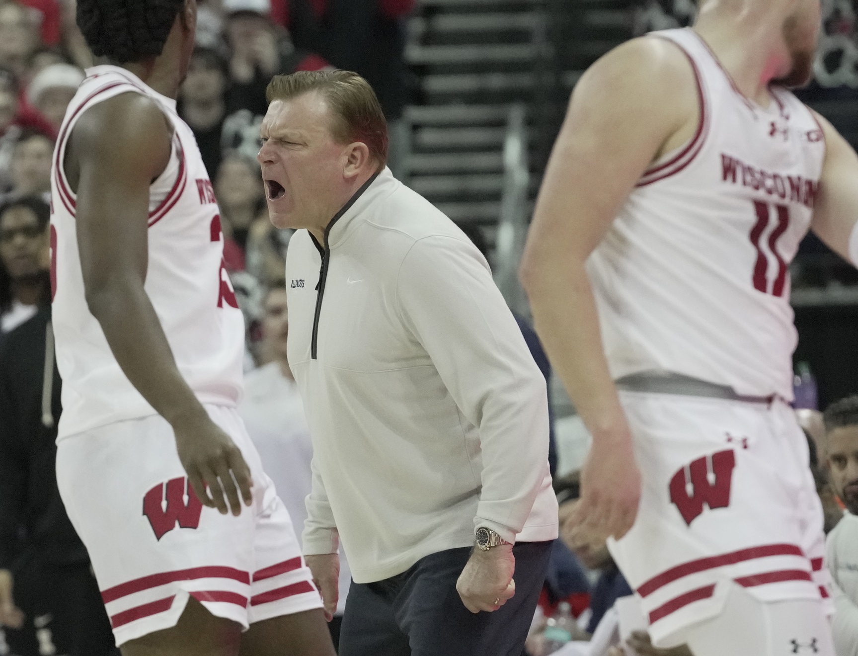 Illinois head coach Brad Underwood argues a call during the first half of their game Tuesday, February 18, 2025 at the Kohl Center in Madison, Wisconsin. Wisconsin beat Illinois 95-74.