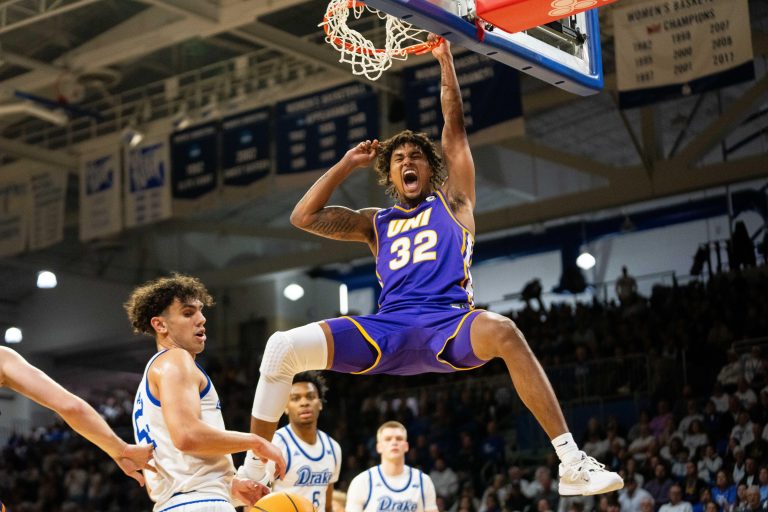 Northern Iowa's Tytan Anderson (32) dunks the ball during a game against Drake on Wednesday, Jan. 29, 2025, at the Knapp Center.