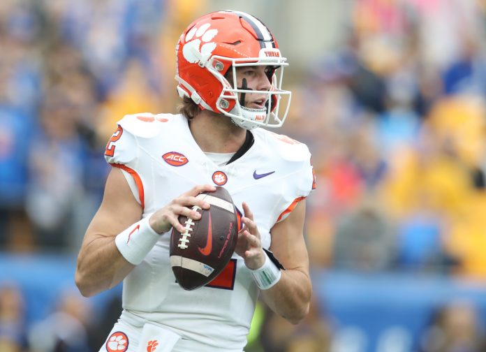 Clemson Tigers quarterback Cade Klubnik (2) passes against the Pittsburgh Panthers during the first quarter at Acrisure Stadium.