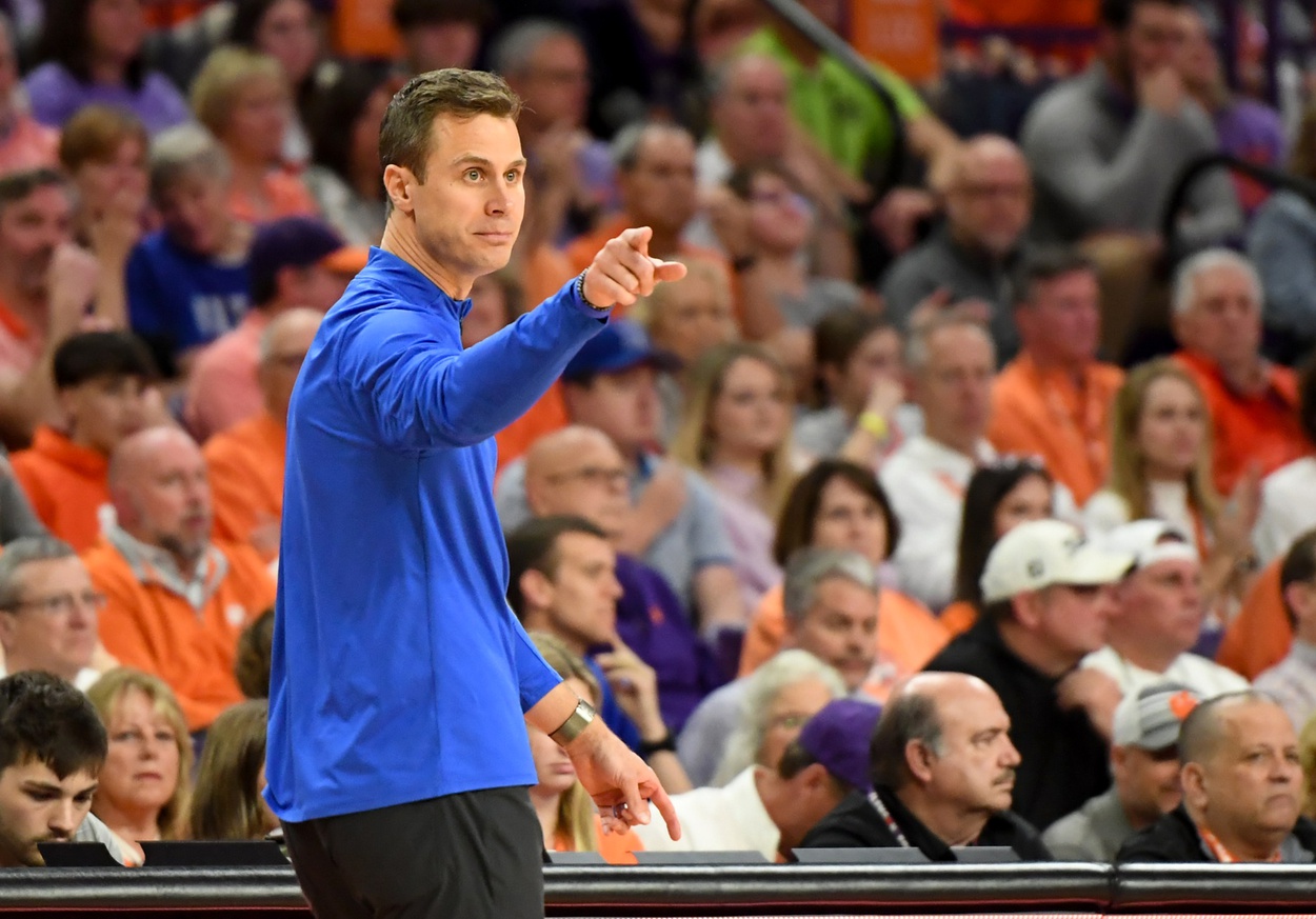 Duke Blue Devils head coach Jon Scheyer reacts during the first half against the Clemson Tigers at Littlejohn Coliseum.