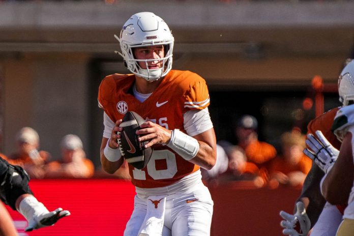 Texas Longhorns quarterback Arch Manning (16) looks for an open receiver during the game against Colorado State at Darrell K Royal-Texas Memorial Stadium in Austin Saturday, Aug. 31, 2024.