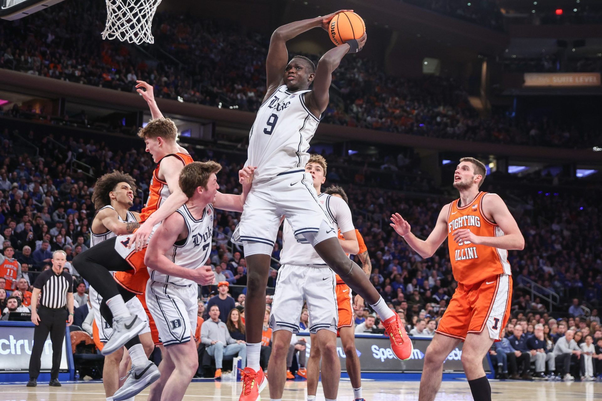 Duke Blue Devils center Khaman Maluach (9) grabs a rebound in the first half against the Illinois Fighting Illini at Madison Square Garden.