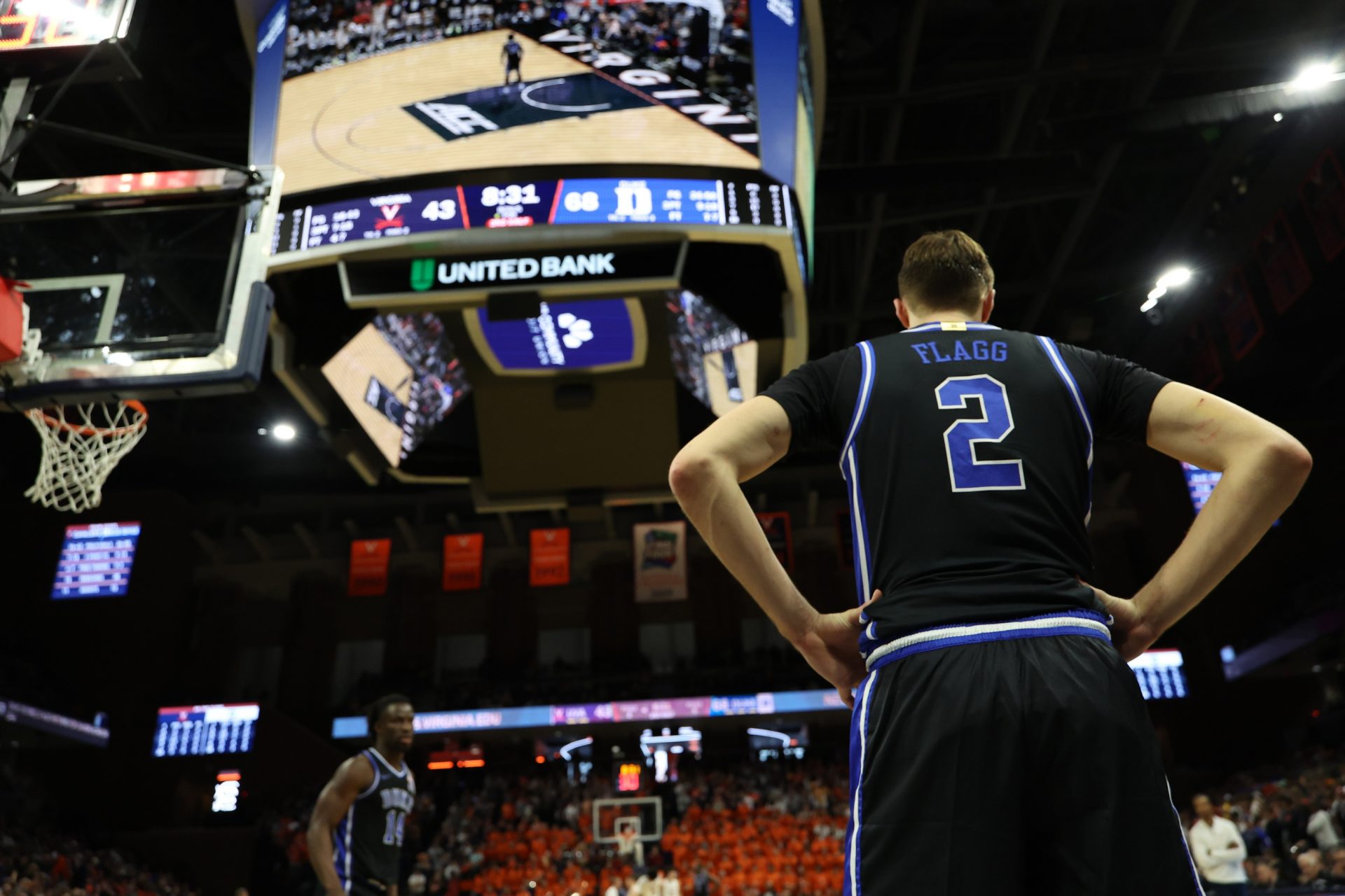 Duke Blue Devils guard Cooper Flagg (2) stands on the court prior to resuming play against the Virginia Cavaliers in the second half at John Paul Jones Arena.