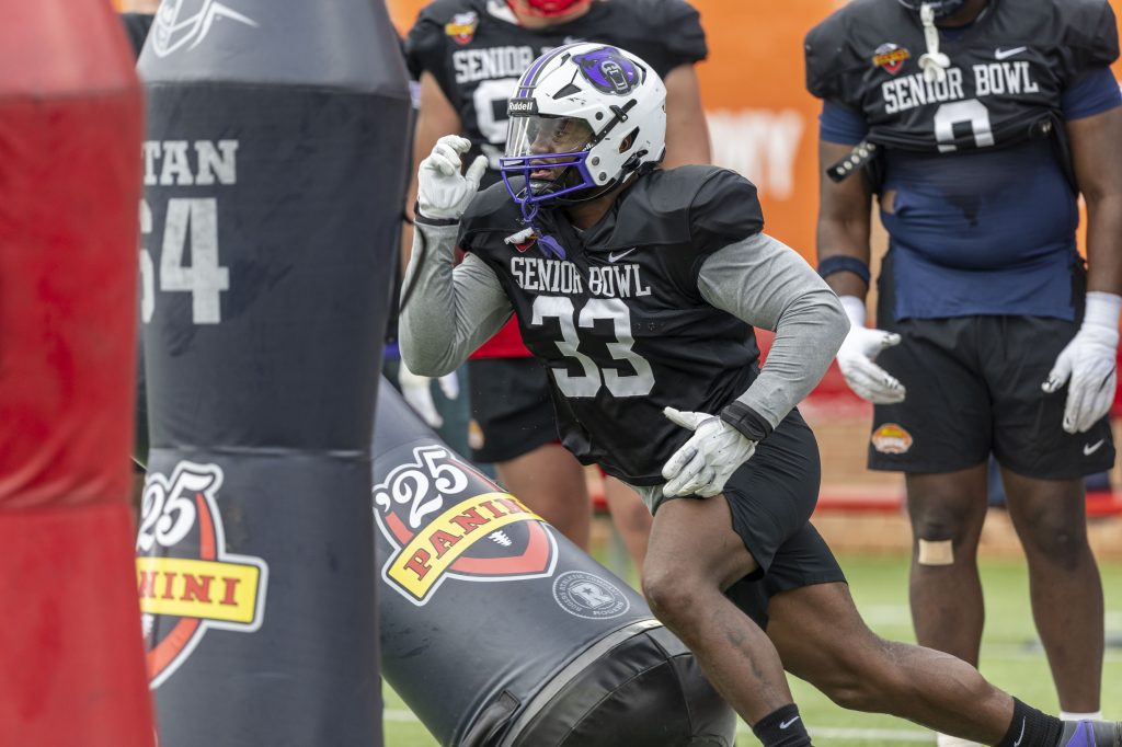 National team defensive lineman David Walker of Central Arkansas (33) works through drills during Senior Bowl practice for the National team at Hancock Whitney Stadium.