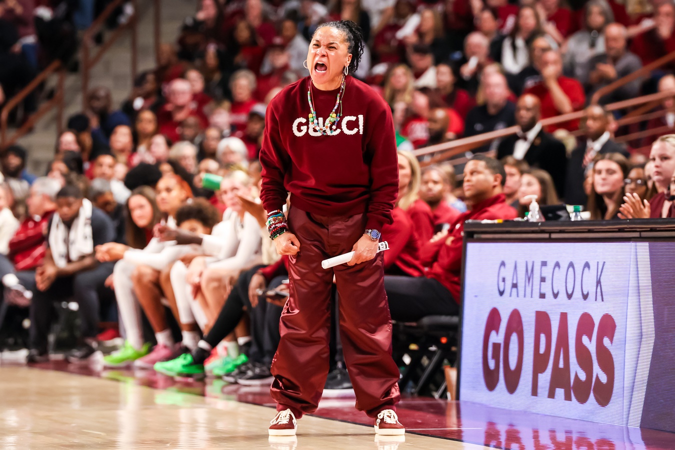 South Carolina Gamecocks head coach Dawn Staley directs her team against the LSU Lady Tigers in the second half at Colonial Life Arena.