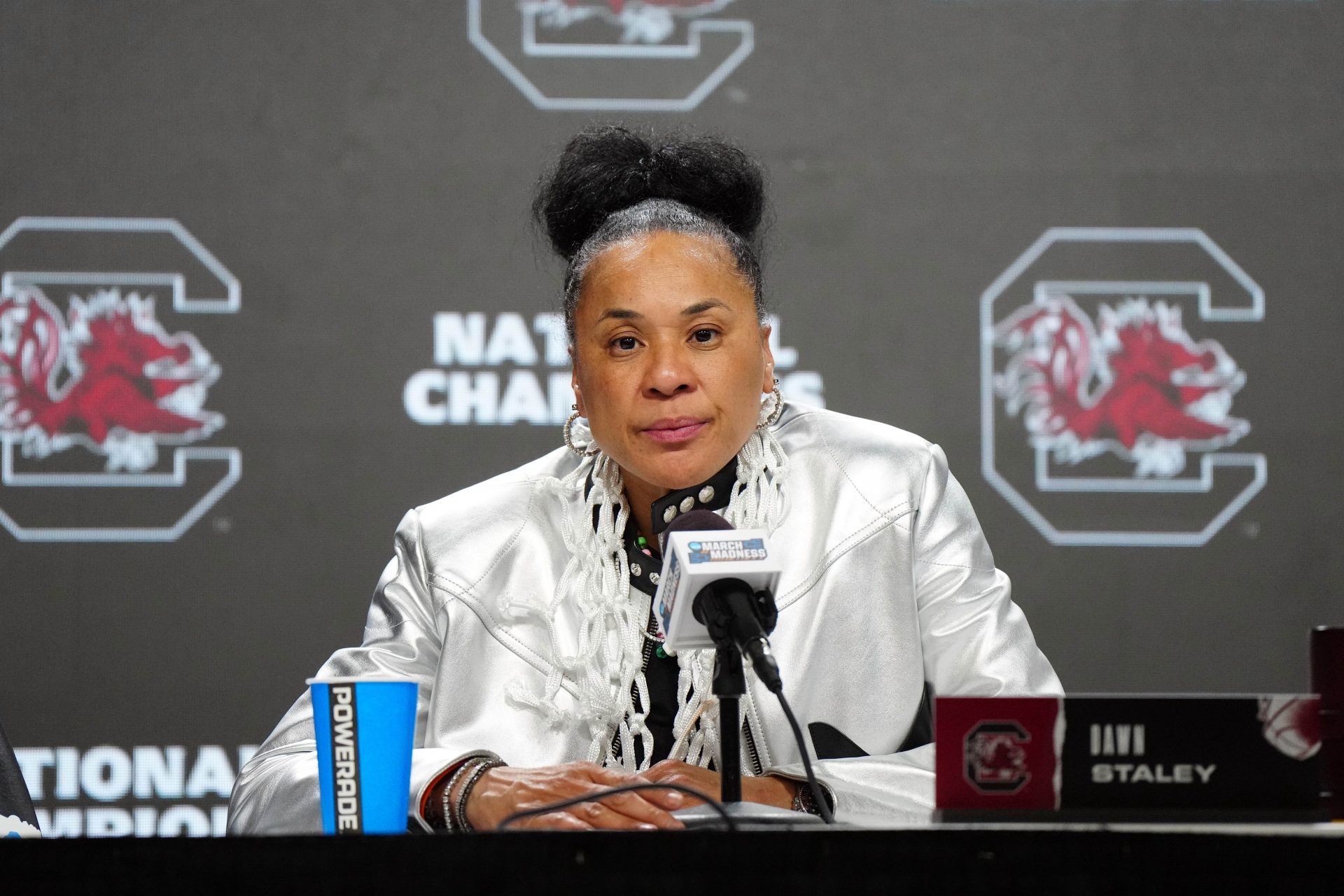 South Carolina Gamecocks head coach Dawn Staley speaks in a press conference after defeating the Iowa Hawkeyes in the finals of the Final Four of the womens 2024 NCAA Tournament at Rocket Mortgage FieldHouse.