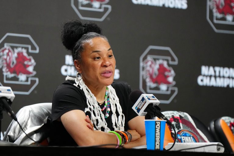 South Carolina Gamecocks head coach Dawn Staley speaks in a press conference after defeating the Iowa Hawkeyes in the finals of the Final Four of the womens 2024 NCAA Tournament at Rocket Mortgage FieldHouse.