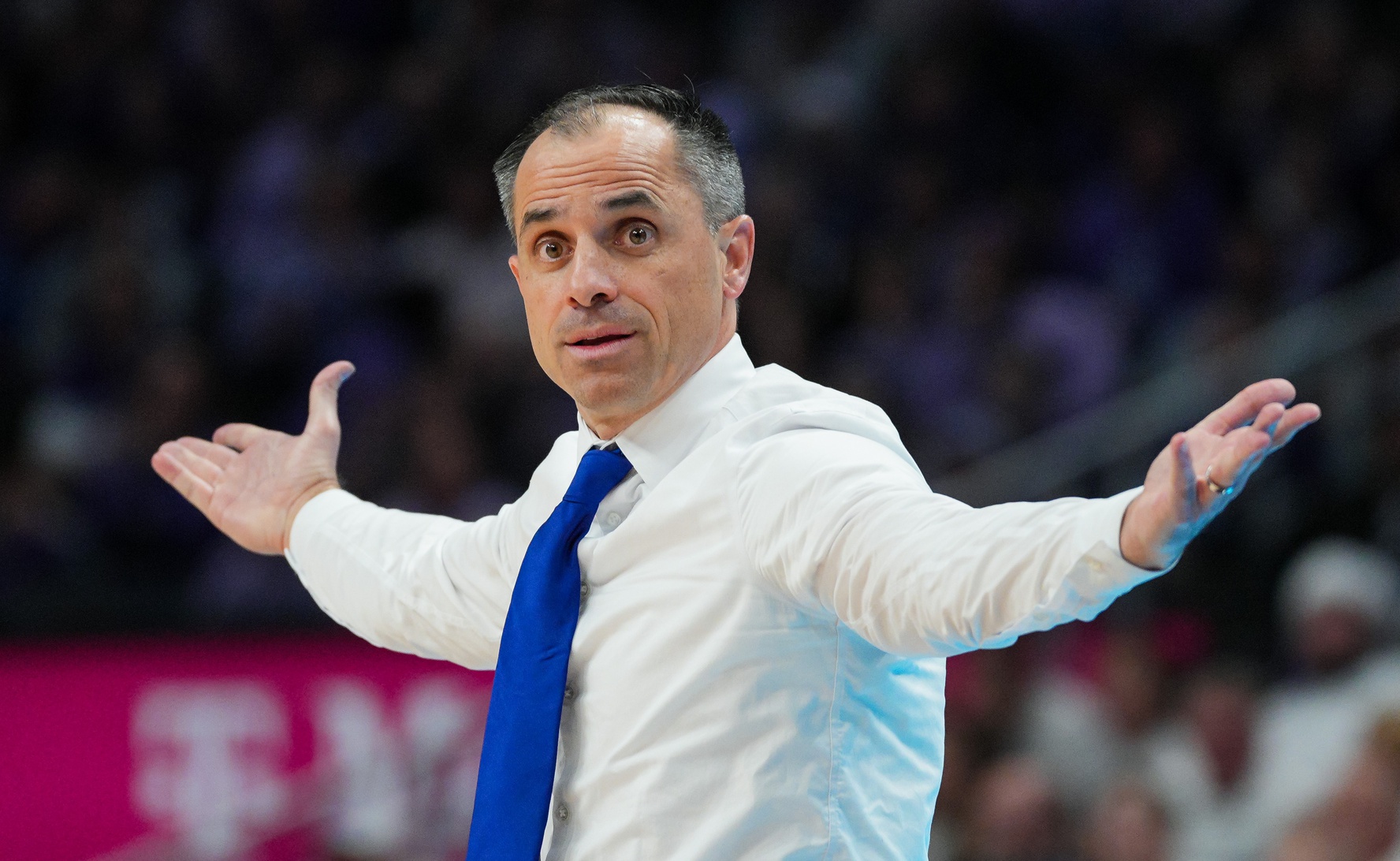 Drake Bulldogs head coach Ben McCollum reacts during the second half against the Kansas State Wildcats at T-Mobile Center.