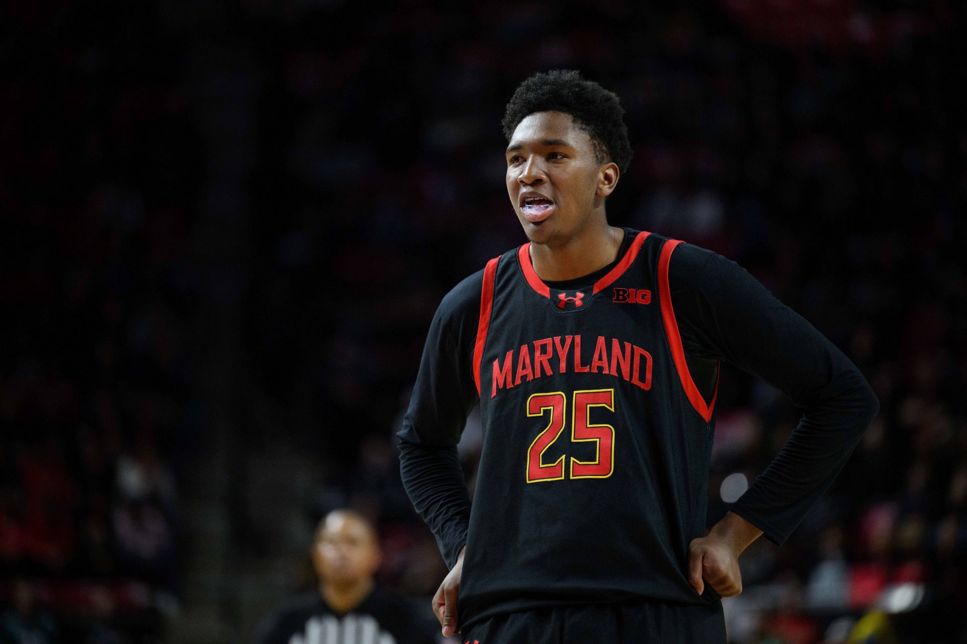 Maryland Terrapins center Derik Queen (25) looks on during the second half against the Rutgers Scarlet Knights at Xfinity Center.