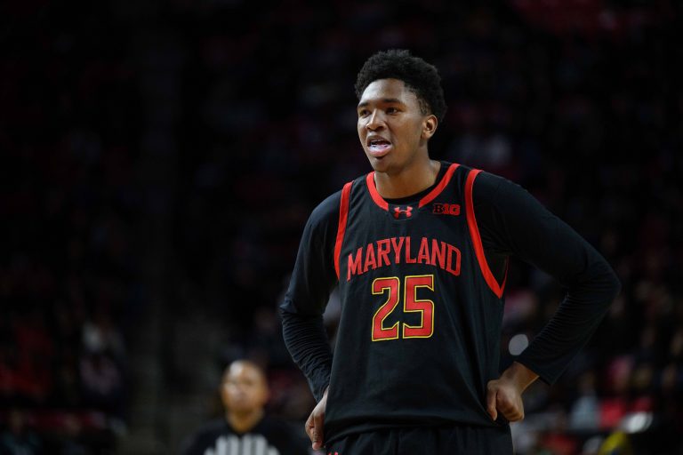 Maryland Terrapins center Derik Queen (25) looks on during the second half against the Rutgers Scarlet Knights at Xfinity Center.