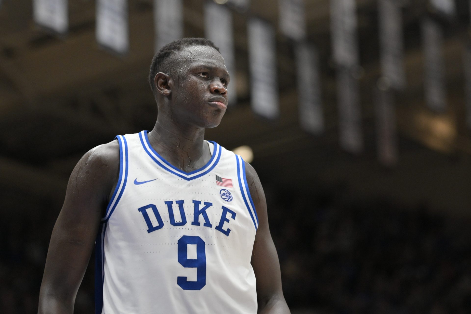 Duke Blue Devils center Khaman Maluach (9) reacting after dunking against the Stanford Cardinal during the second half at Cameron Indoor Stadium. Blue Devils won 106-70.