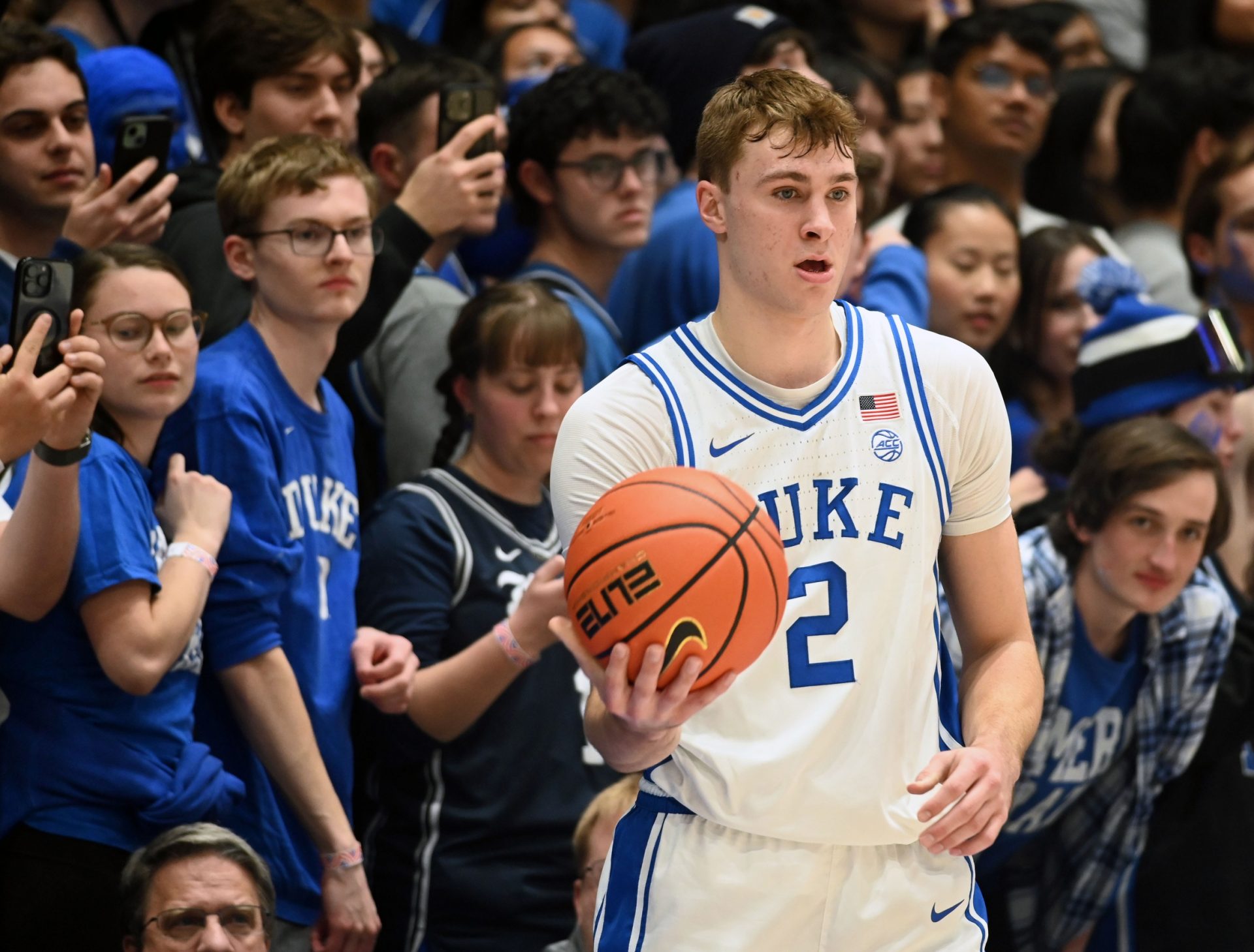 Duke Blue Devils forward Cooper Flagg (2) looks to inbound the ball during the first half against the Miami Hurricanes at Cameron Indoor Stadium.