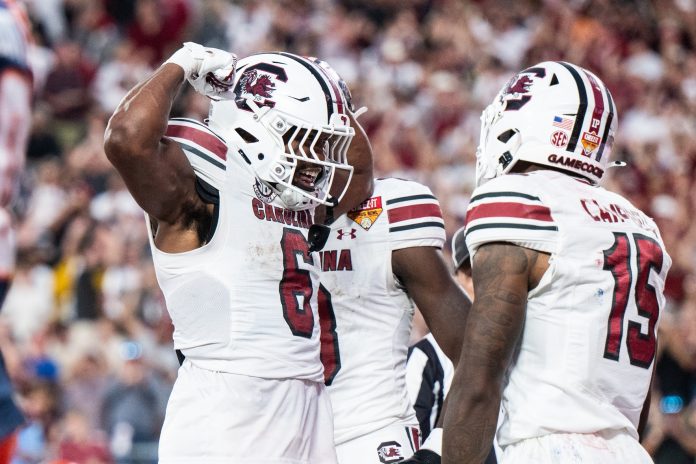 South Carolina Gamecocks running back Dylan Stewart (6) celebrates his touchdown against the Illinois Fighting Illini in the fourth quarter at Camping World Stadium.