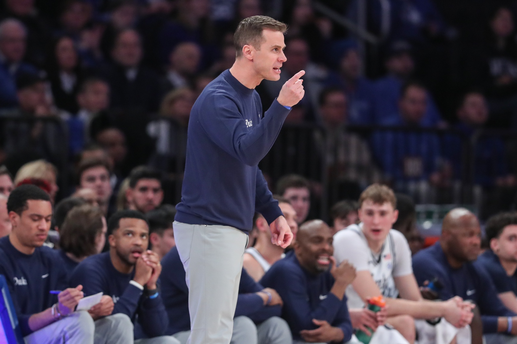 Duke Blue Devils head coach Jon Scheyer yells out instructions in the first half against the Illinois Fighting Illini at Madison Square Garden.