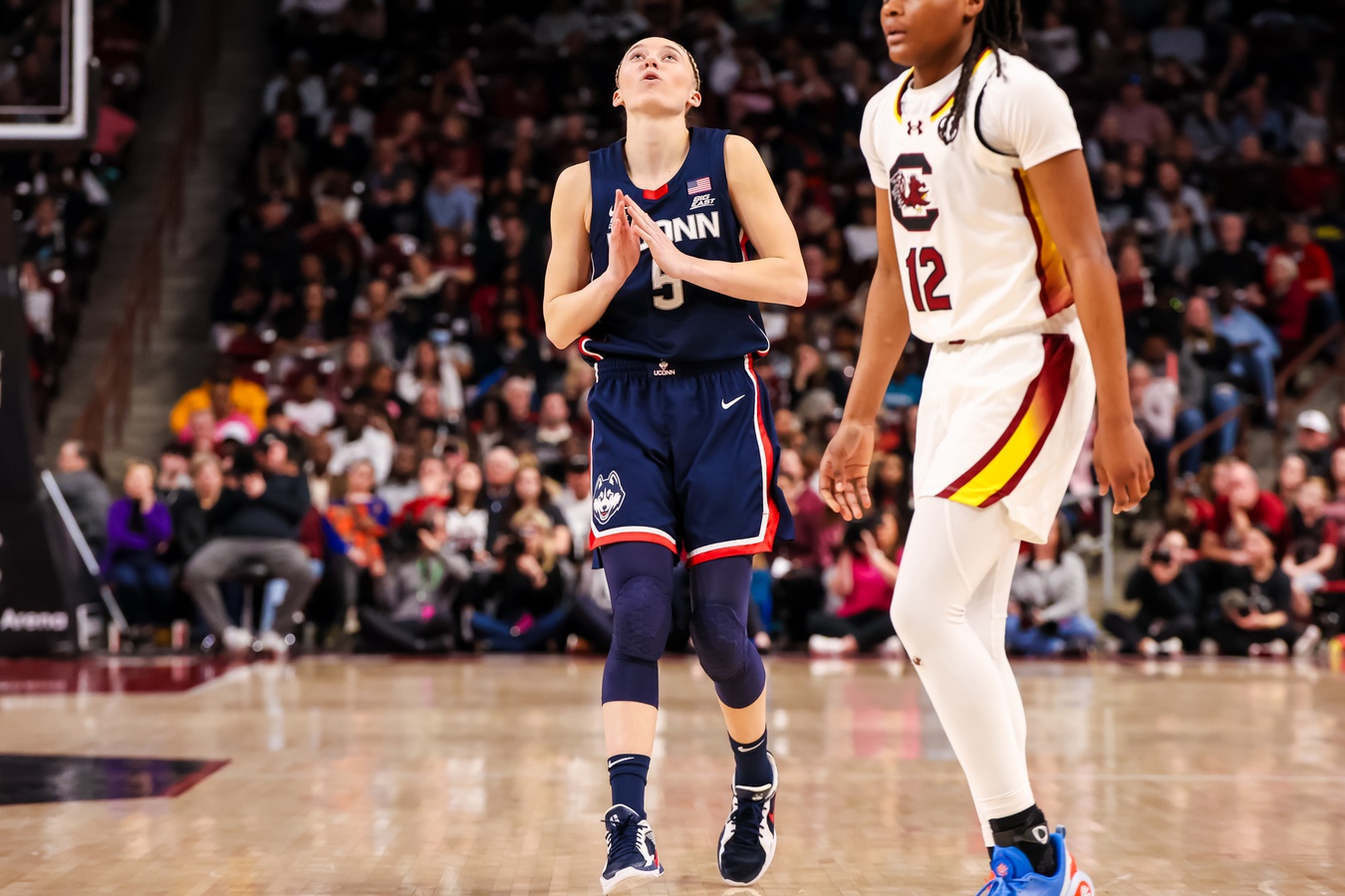 UConn Huskies guard Paige Bueckers (5) reacts after making a three point basket against the South Carolina Gamecocks in the second half at Colonial Life Arena.