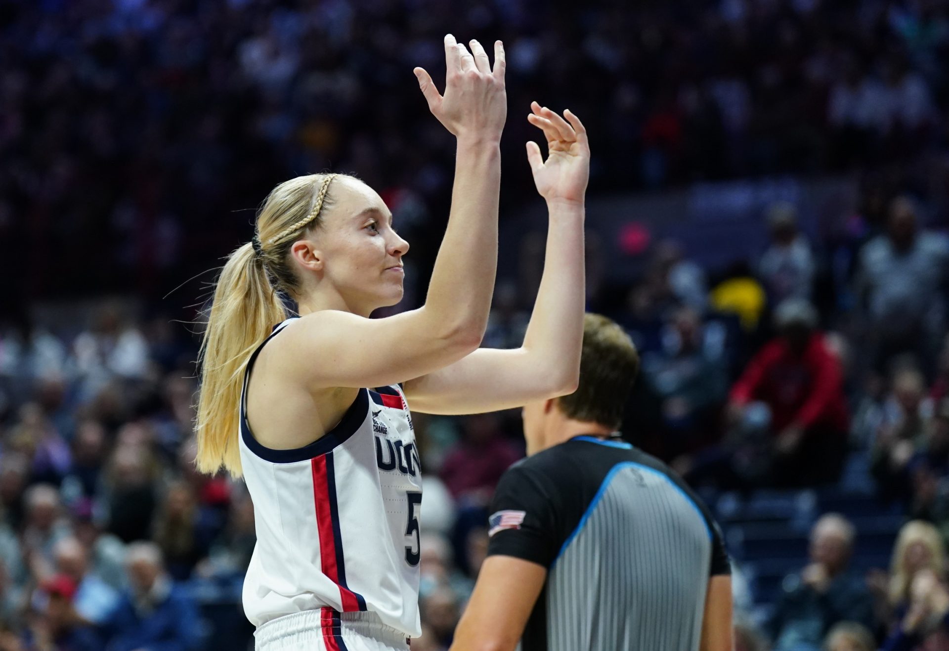 UConn Huskies guard Paige Bueckers (5) reacts after her basket against the South Florida Bulls in the first half at Harry A. Gampel Pavilion.
