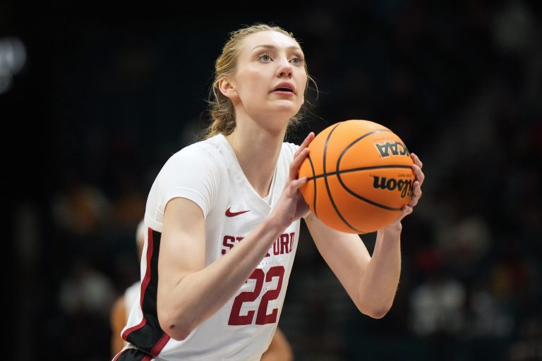 Stanford Cardinal forward Cameron Brink (22) shoots the ball against the Southern California Trojans the first half of the Pac-12 Tournament women's championship game at MGM Grand Garden Arena.