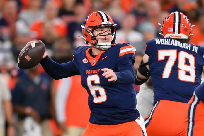 Syracuse Orange quarterback Kyle McCord (6) passes the ball against the Miami Hurricanes during the first half at the JMA Wireless Dome.