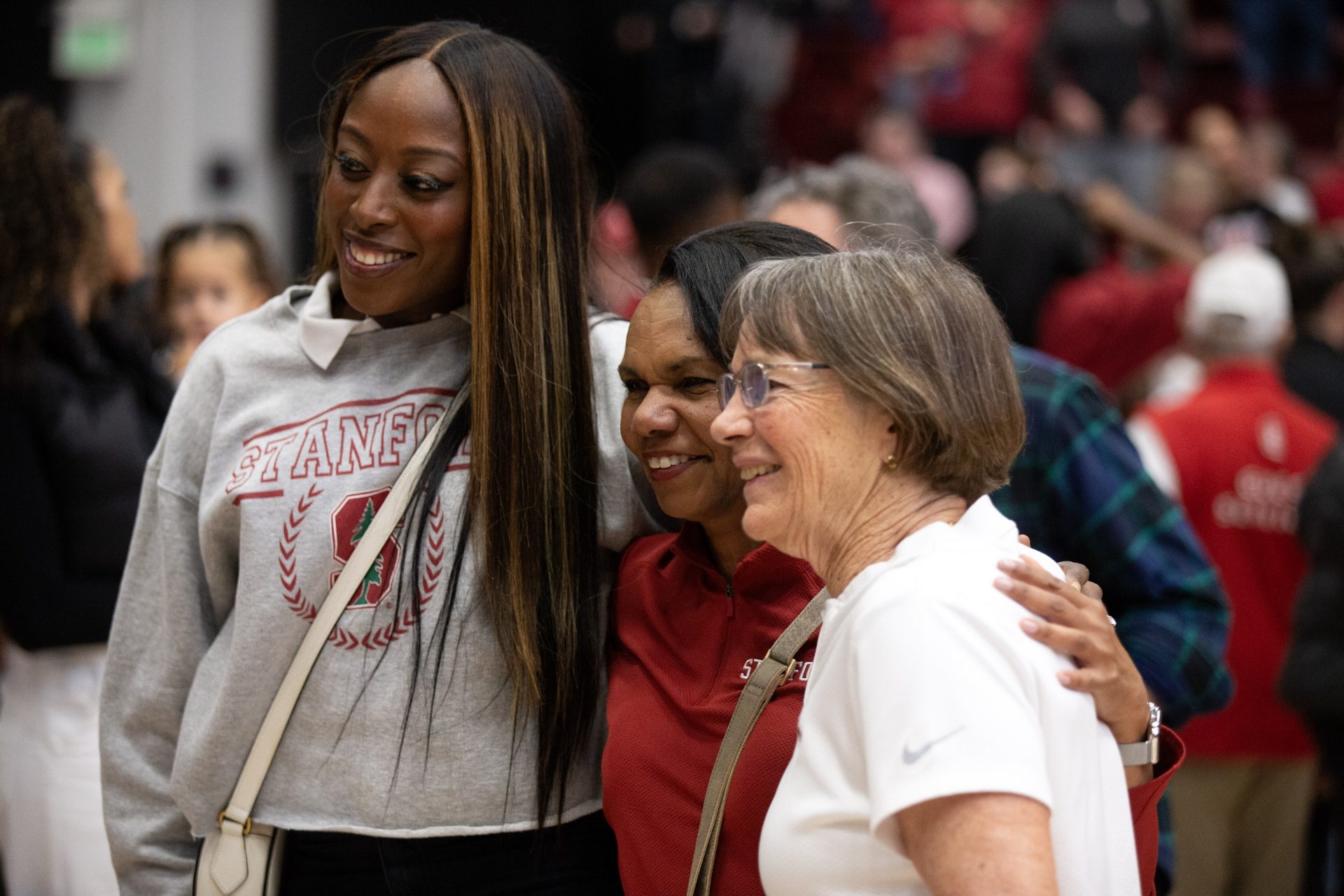 Stanford Cardinal head coach Tara VanDerveer (right) poses for a photo with former player Chiney Ogwumike (left) and former U.S. Secretary of State Condoleezza Rice during a celebration of VanDerveer’s record-setting 1,203rd career collegiate coach victory, a win over the Oregon State Beavers at Maples Pavilion.