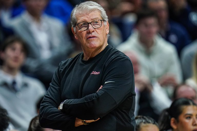 UConn Huskies head coach Geno Auriemma watches from the sideline as they take on the St. John's Red Storm at Harry A. Gampel Pavilion.
