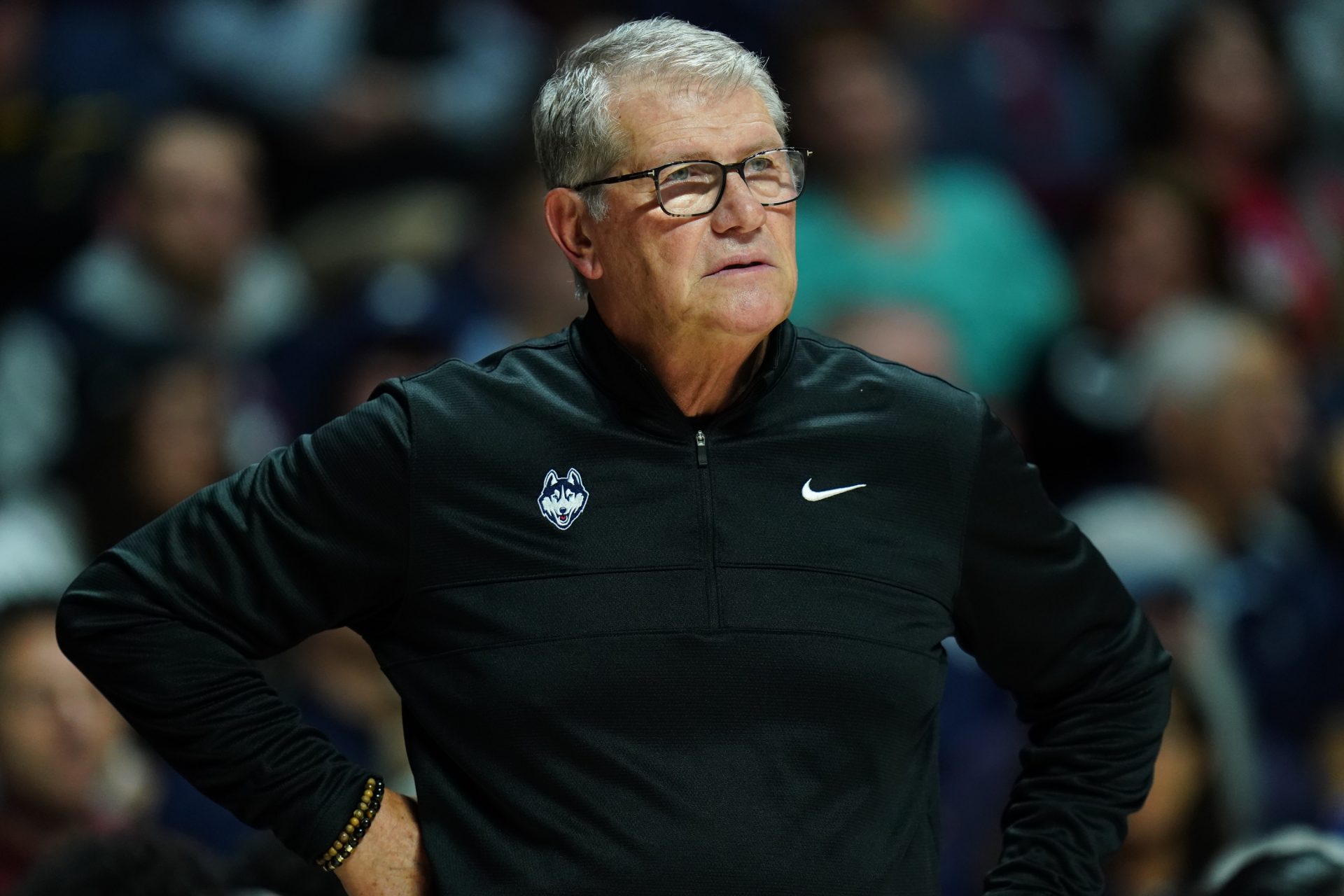 UConn Huskies head coach Geno Auriemma watches from the sideline as they take on the Iowa State Cyclones at Mohegan Sun Arena.