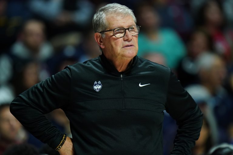 UConn Huskies head coach Geno Auriemma watches from the sideline as they take on the Iowa State Cyclones at Mohegan Sun Arena.