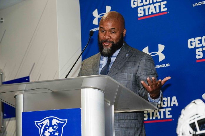 Georgia State Panthers head football coach Dell McGee addresses the media at the press conference announcing his hiring at Center Parc Stadium.