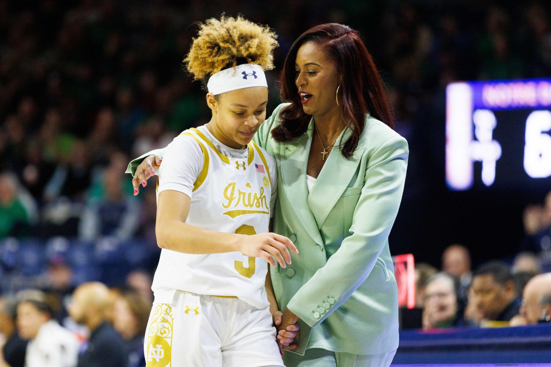 Notre Dame head coach Niele Ivey, right, embraces guard Hannah Hidalgo (3) as Hidalgo comes off the court during a NCAA women's basketball game between No. 1 Notre Dame and No. 11 Duke at Purcell Pavilion on Monday, Feb. 17, 2025, in South Bend.