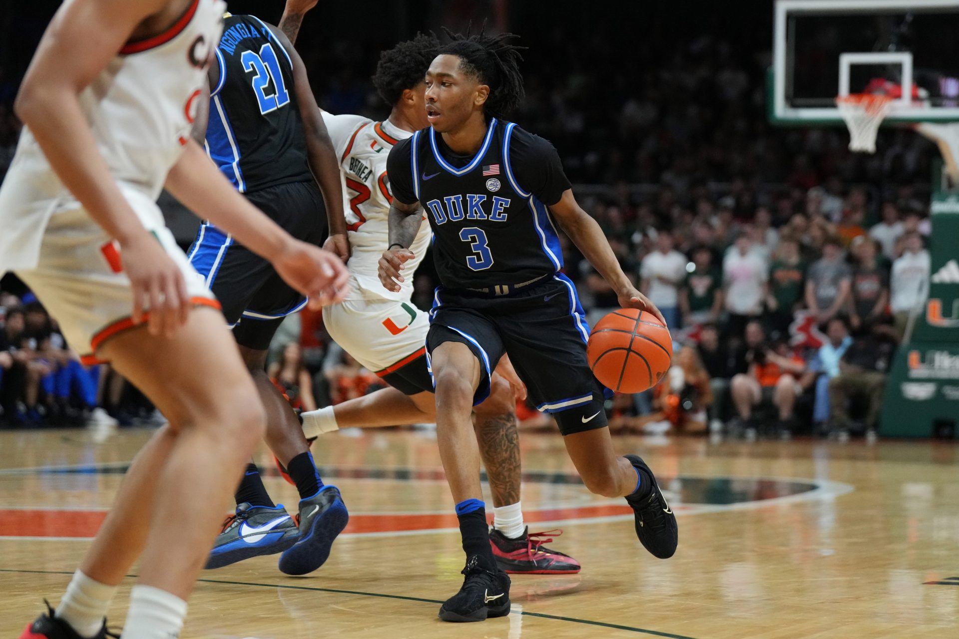 Duke Blue Devils guard Isaiah Evans (3) brings the ball up the court against the Miami (Fl) Hurricanes during the first half at Watsco Center.