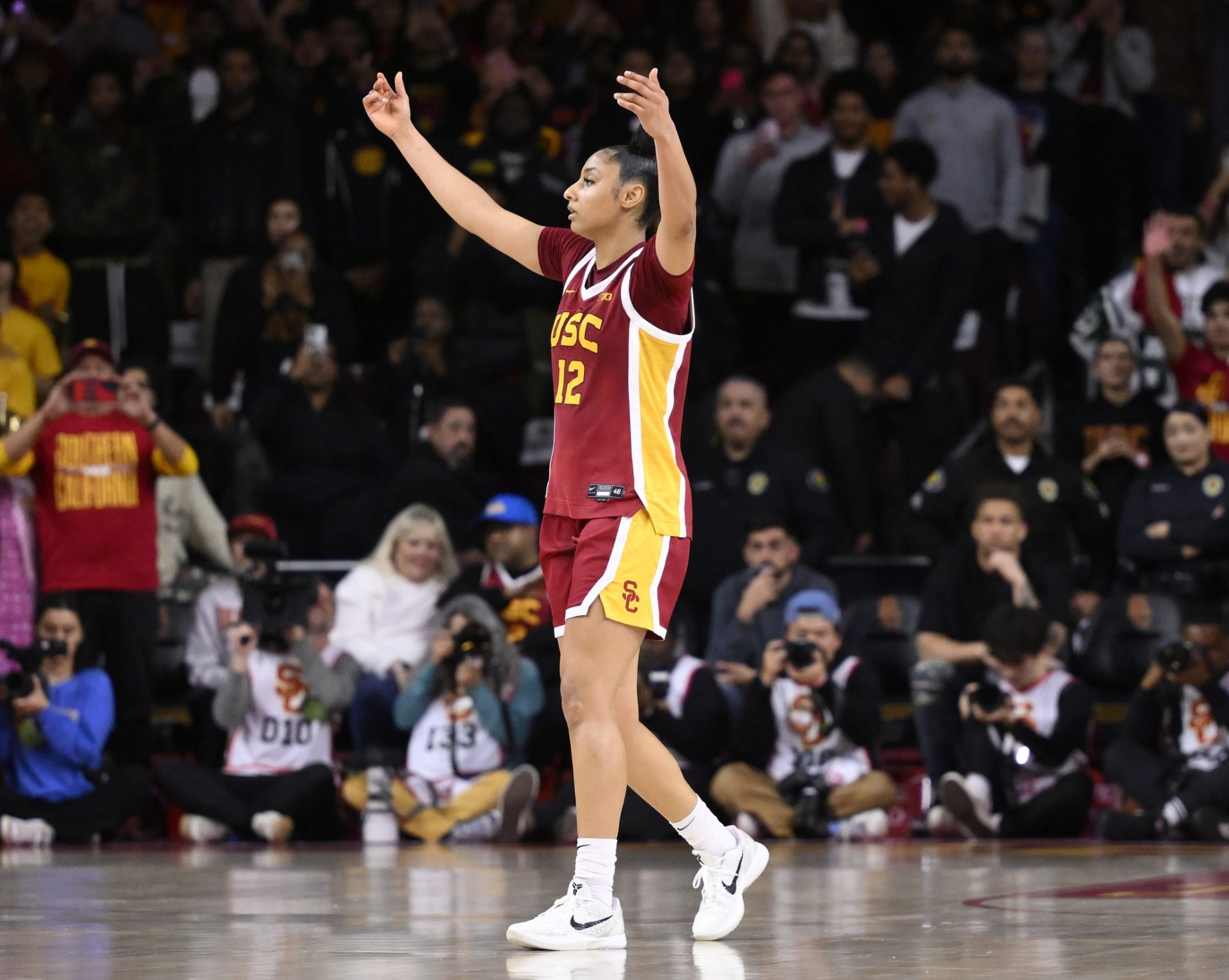 USC Trojans guard JuJu Watkins (12) celebrates as the clock runs out in the Trojans win over the UCLA Bruins at Galen Center.