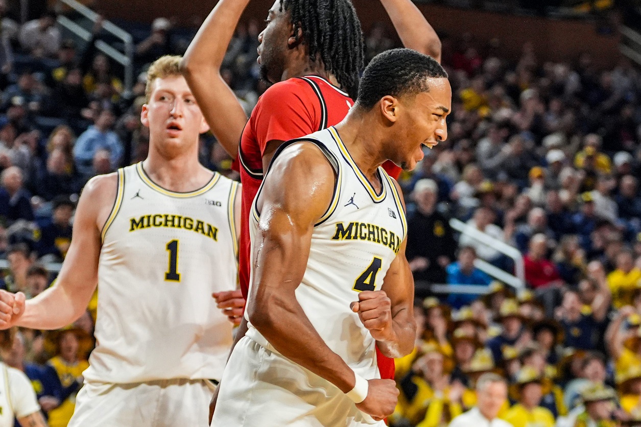 Michigan Wolverines guard Nimari Burnett (4) celebrates the foul leading to a three-point play during the second half at Crisler Center in Ann Arbor on Thursday, Feb. 27, 2025.