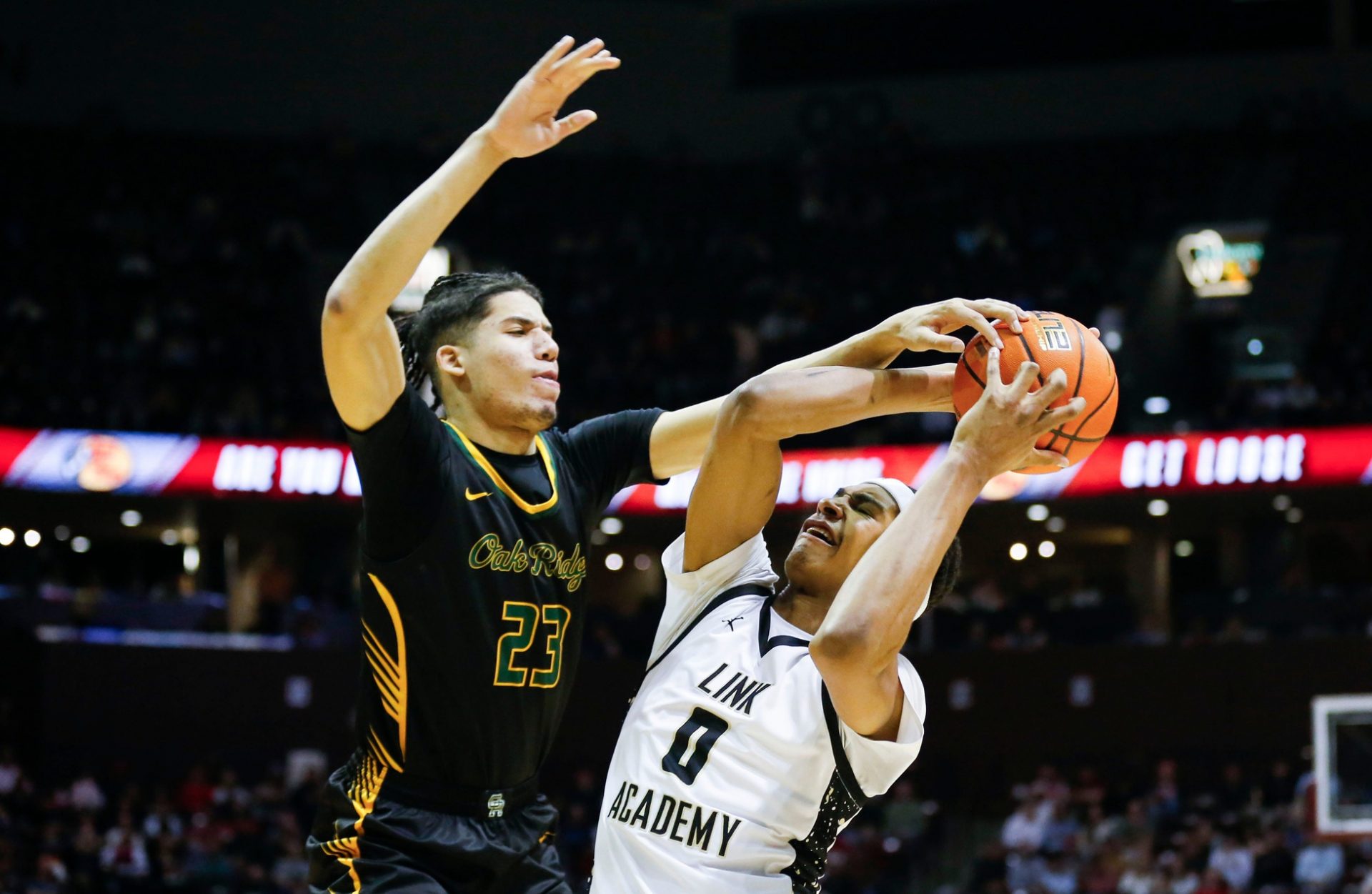 Link Academy's Chris Cenac Jr. fights for control of the ball as the Lions took on Oak Ridge Pioneers in the championship game of the Bass Pro Tournament of Champions at Great Southern Bank Arena on Saturday, Jan. 18, 2025.