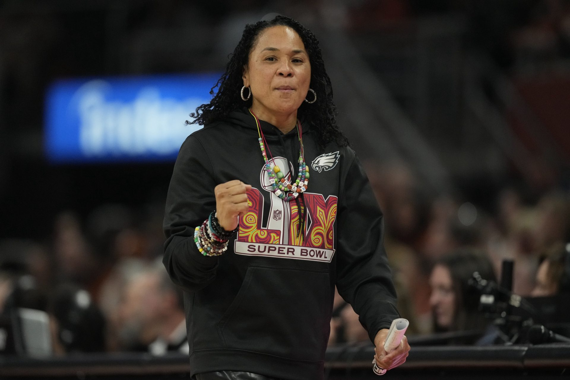 South Carolina Gamecocks head coach Dawn Staley pumps her fist during the first half at Moody Center.