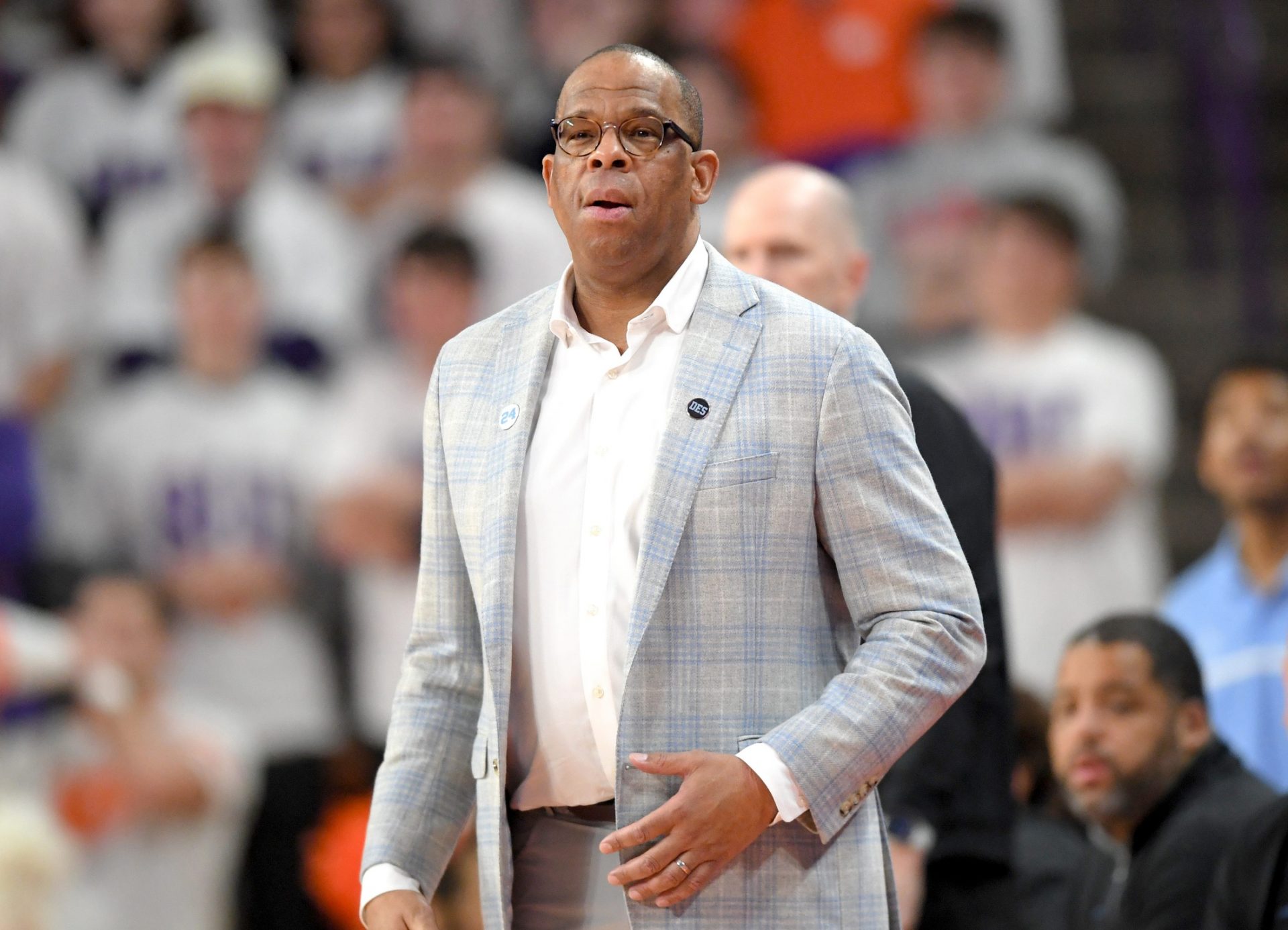 University of North Carolina Head Coach Hubert Davis watches his team play Clemson during the first half Monday, Feb 10, 2025; Clemson, South Carolina, USA; at Littlejohn Coliseum.