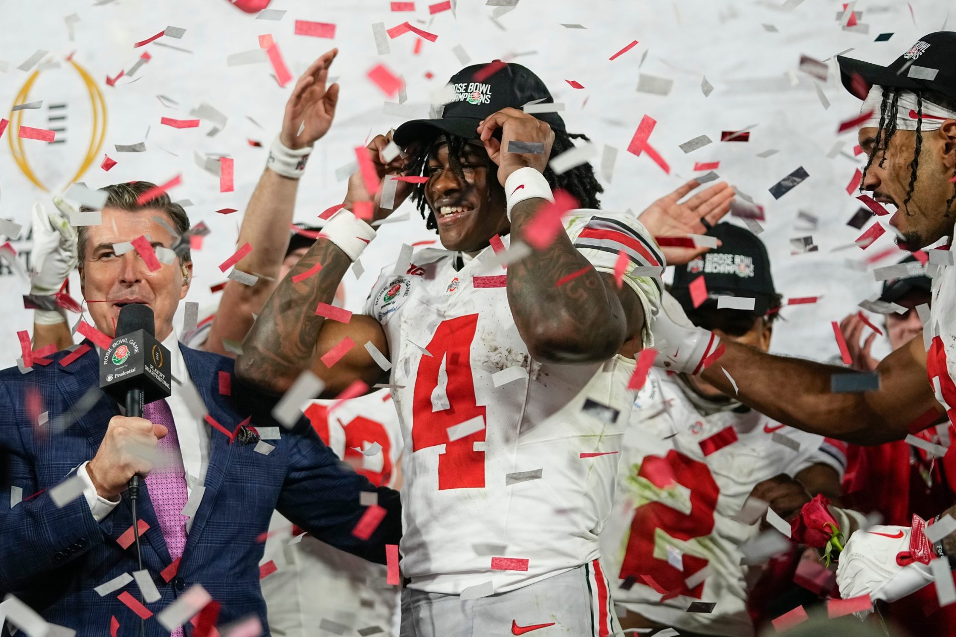 Ohio State Buckeyes wide receiver Jeremiah Smith is named the game's offensive MVP following the College Football Playoff quarterfinal against the Oregon Ducks at the Rose Bowl in Pasadena, Calif. on Jan. 1, 2025. Ohio State won 41-21.