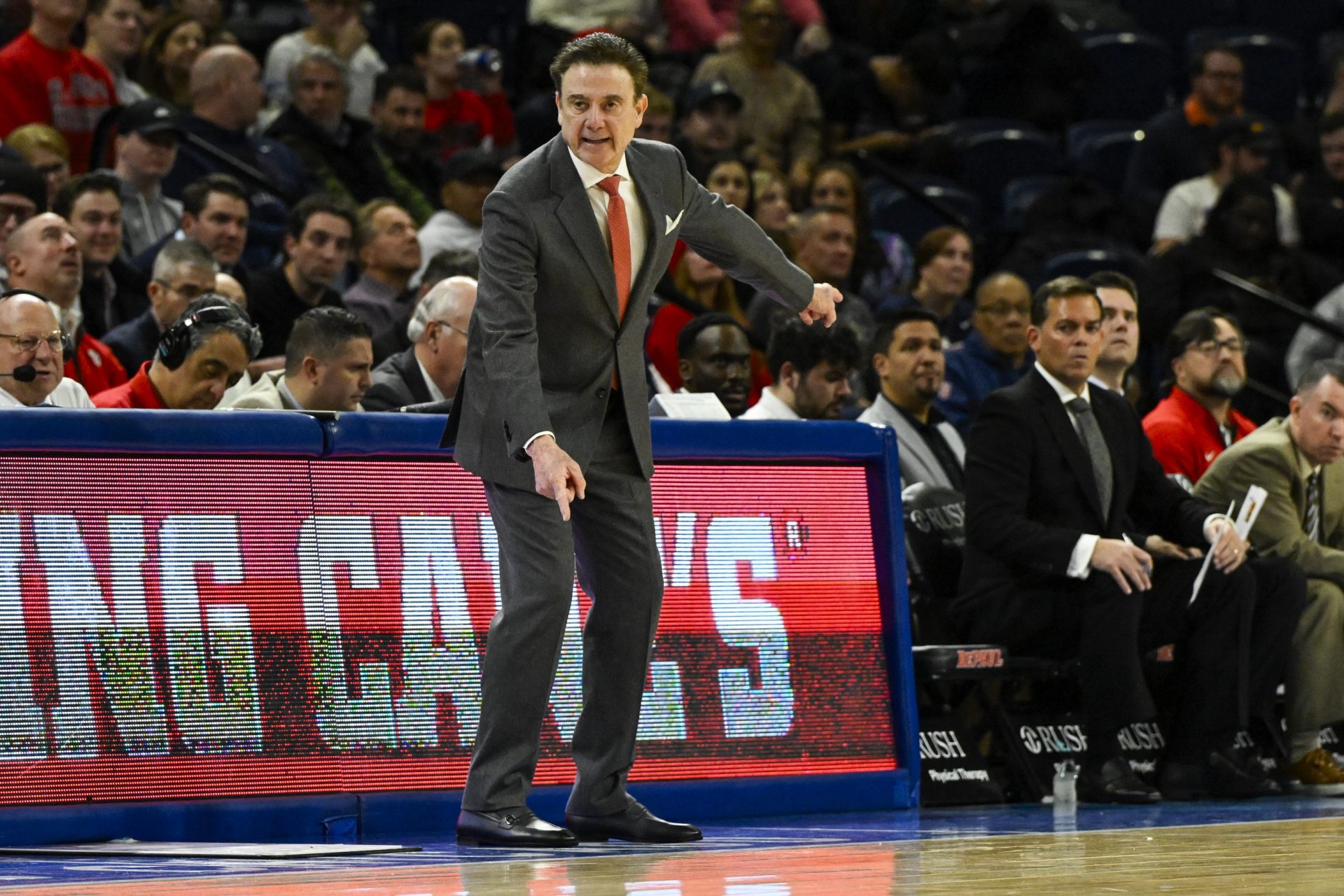 St. John's Red Storm head coach Rick Pitino directs the team against DePaul Blue Demons during the second half at Wintrust Arena.