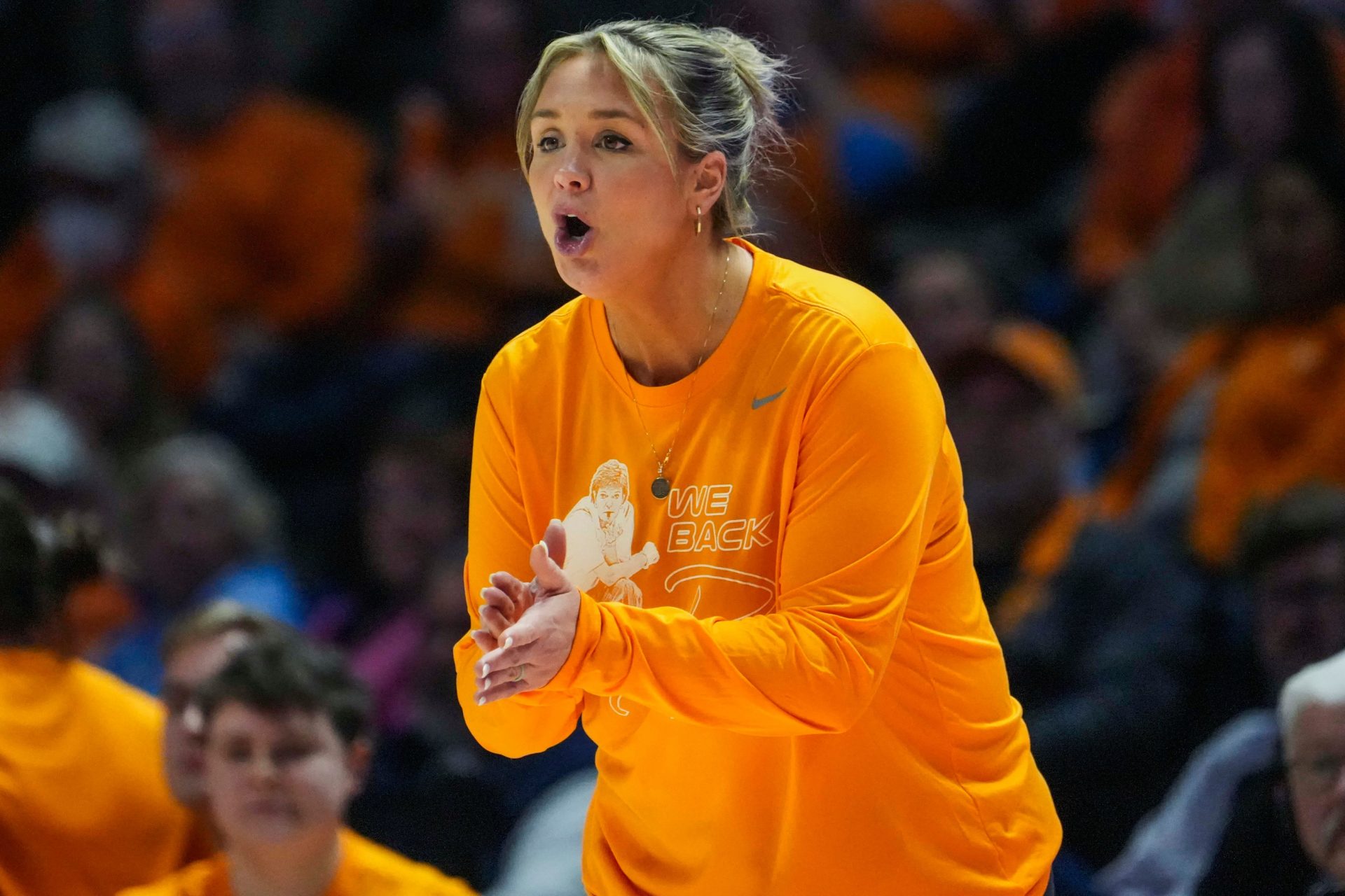 Tennessee Lady Vols head coach Kim Caldwell claps during a women's college basketball game between the Lady Vols and Mississippi State at Thompson-Boling Arena at Food City Center on Thursday, Jan. 16, 2025.