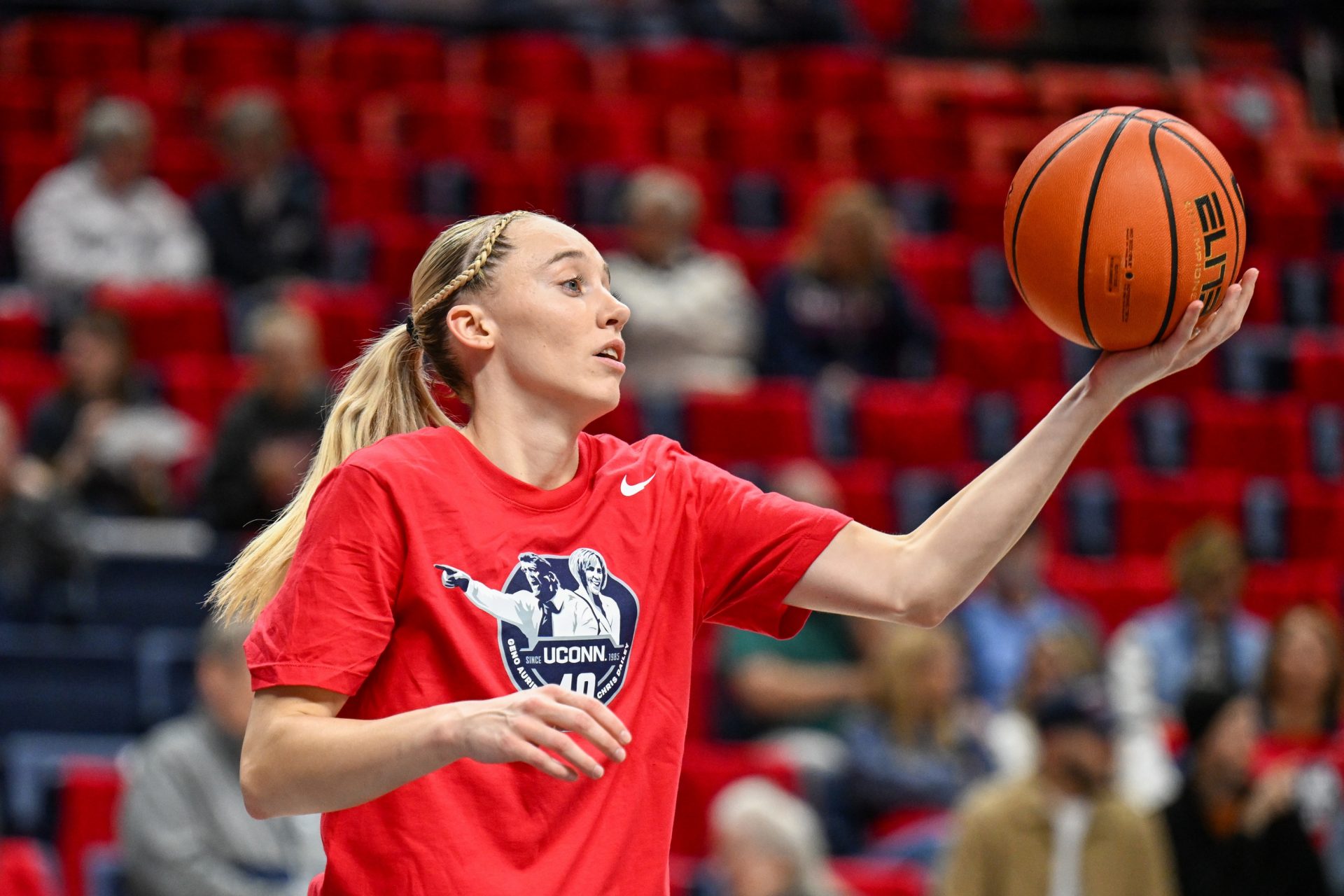 Connecticut Huskies guard Paige Bueckers (5) warms up before a game against the Fairleigh Dickinson Knights at Harry A. Gampel Pavilion.