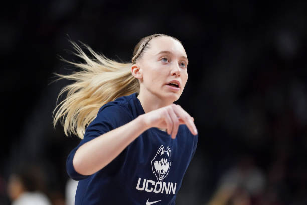 Paige Bueckers of the UConn Huskies warms up before an NCAA women's basketball game against the South Carolina Gamecocks at Colonial Life Arena on February 16, 2025 in Columbia, South Carolina. The UConn Huskies won 87-58.