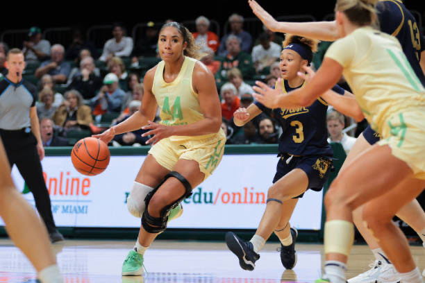 Cameron Williams #44 of the Miami Hurricanes drives to the basket past Hannah Hidalgo #3 of the Notre Dame Fighting Irish during the second quarter at Watsco Center on February 20, 2025 in Coral Gables, Florida.