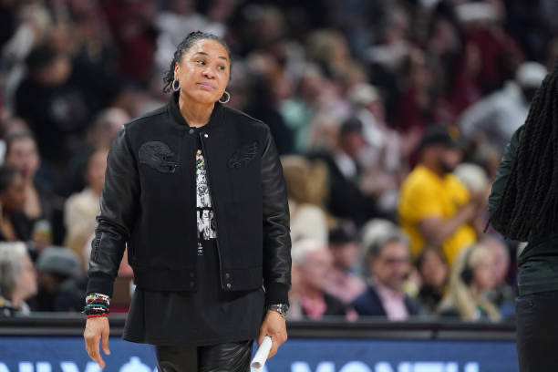 COLUMBIA, SOUTH CAROLINA - FEBRUARY 16: Head coach Dawn Staley of the South Carolina Gamecocks reacts to play during the third quarter of an NCAA women's basketball game against the UConn Huskies at Colonial Life Arena on February 16, 2025 in Columbia, South Carolina. The UConn Huskies won 87-58. (Photo by Sean Rayford/Getty Images)