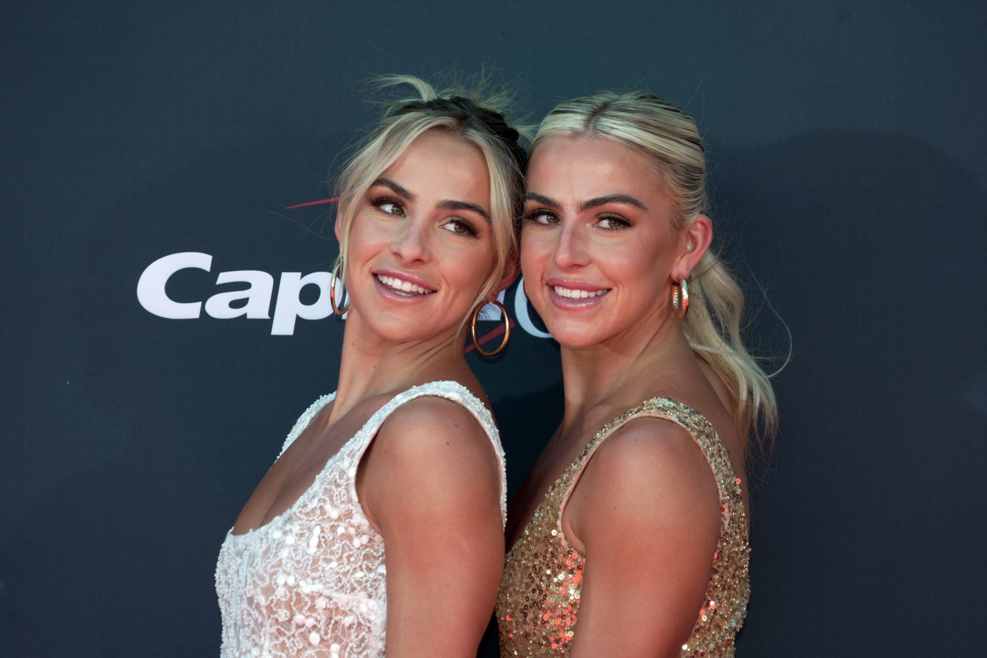 Hanna Cavinder and Haley Cavinder arrive on the red carpet before the 2023 ESPYS at the Dolby Theatre.