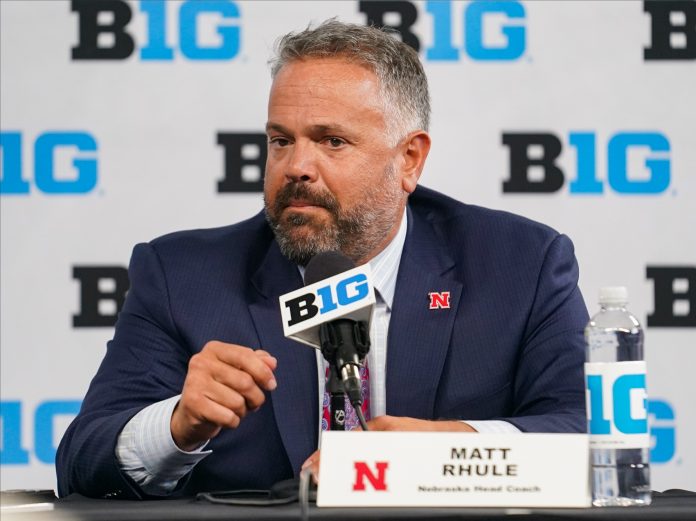 Nebraska Cornhuskers head coach Matt Rhule speaks to the media during the Big 10 football media day at Lucas Oil Stadium.