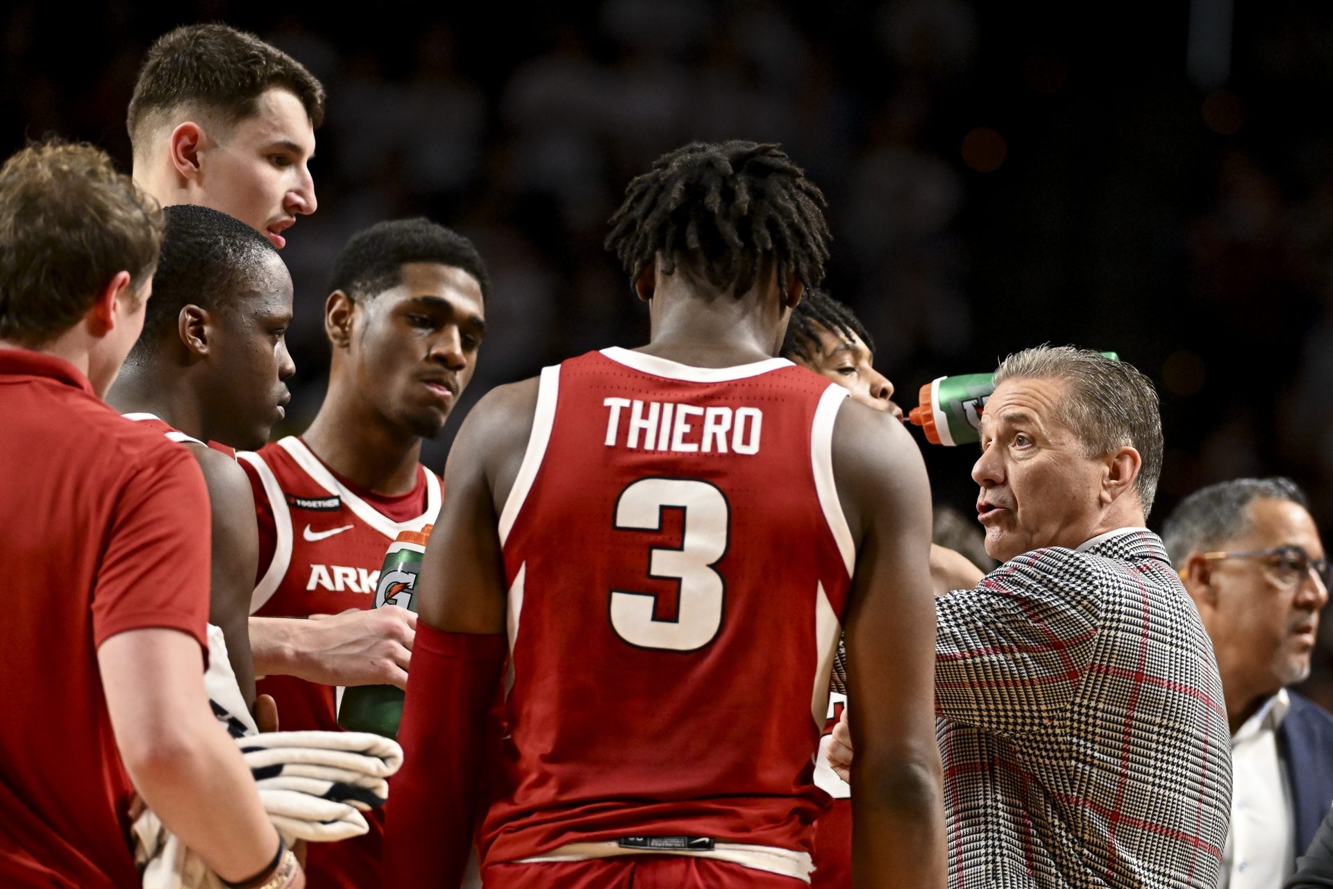 Arkansas Razorbacks head coach John Calipari speaks during a time-out against the Texas A&M Aggies in the first half at Reed Arena.