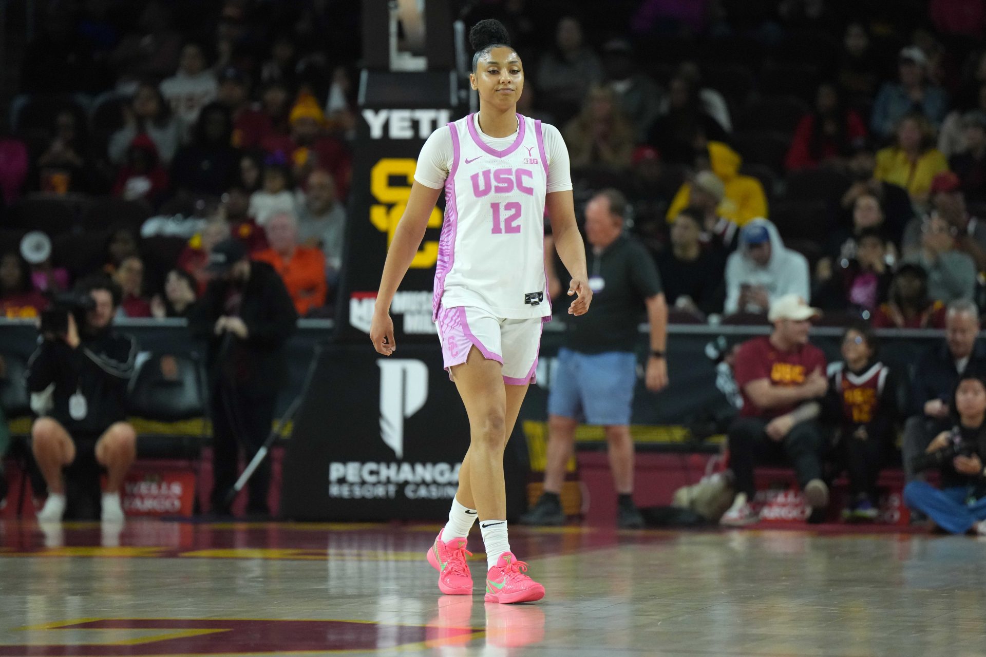 Southern California Trojans guard JuJu Watkins (12) reacts against the Michigan State Spartans in the first half at Galen Center.