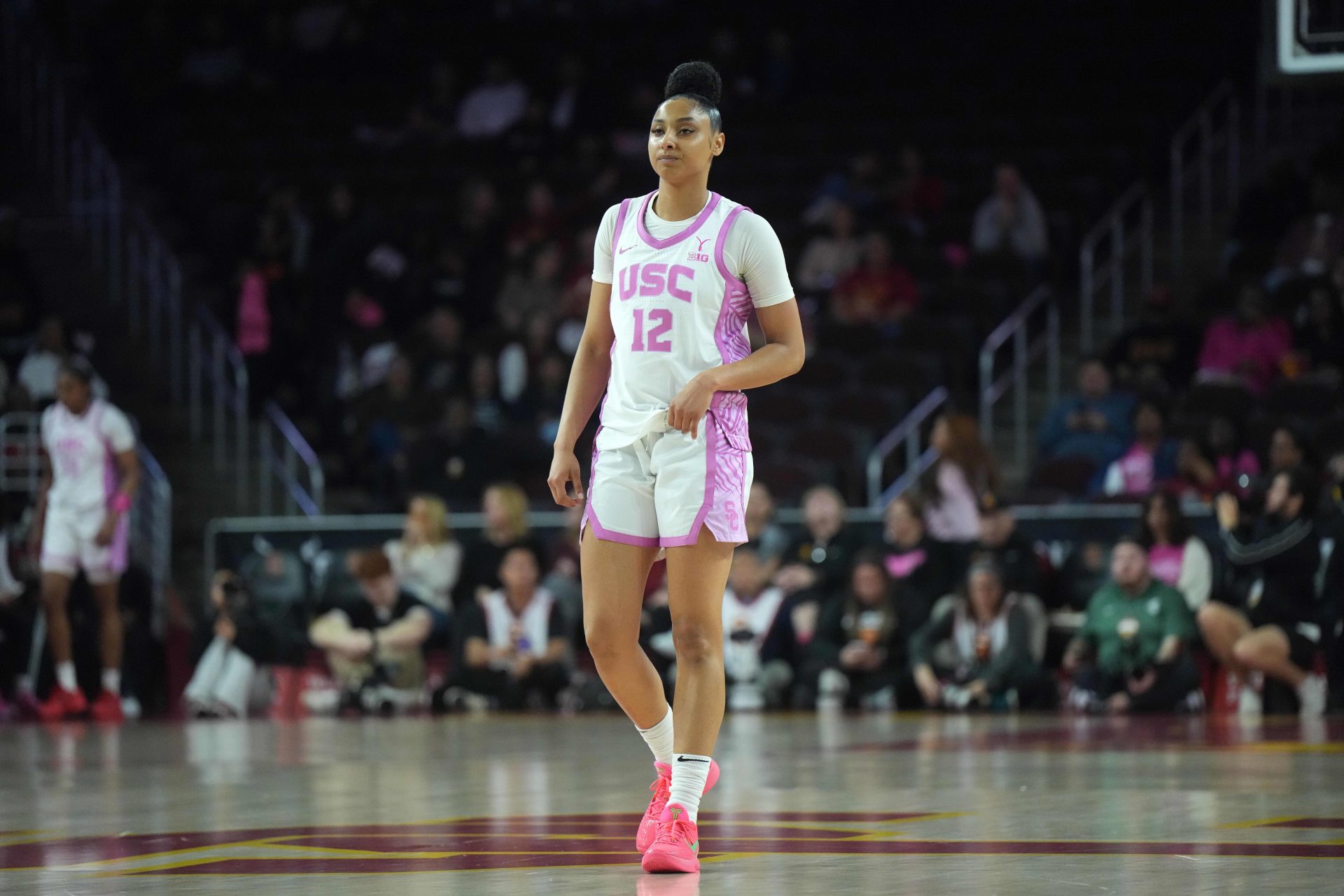 Southern California Trojans guard JuJu Watkins (12) reacts in the second half against the Michigan State Spartans at the Galen Center.